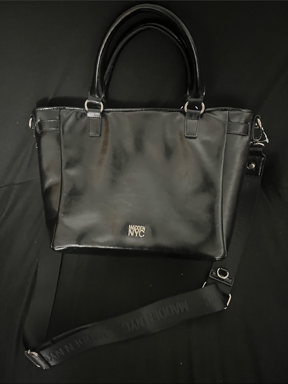 Madden NYC Black Patent Satchel with Red Pom Charm - Picture 3 of 3